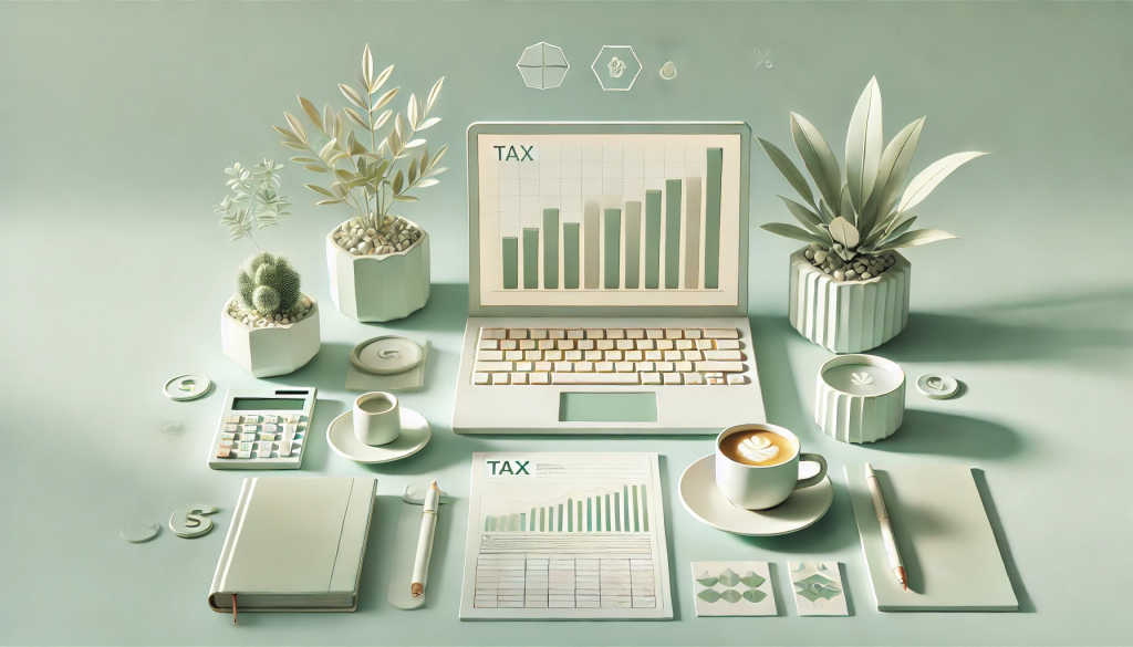 A clean and professional hero image featuring elements of tax and financial planning, matching a light pastel color scheme like soft greens and whites